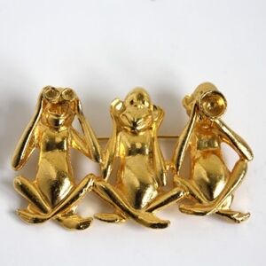 Vintage Three Wise Monkeys Brooch, Goldtone Hear See Speak No Evil Pin